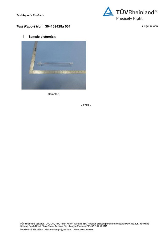 Sample photograph shown in the TÜV Rheinland report for the tested 100 ml glass bottle